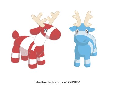 Two deers toys. Red and blue. Vector illustration