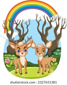 Two deers in woods scene illustration