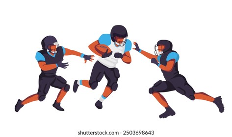 Two defenders attempt to tackle a running back during a football play in a competitive game