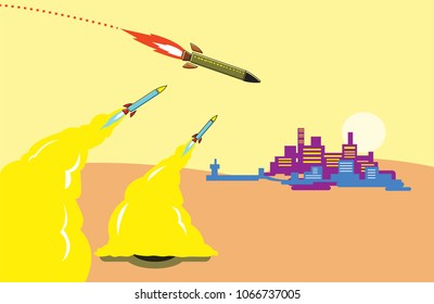 Two defense missiles intercepts an incoming ballistic rocket. Editable Clip Art.