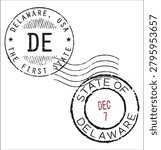 Two Delaware stamps on white background – one with “Delaware, U.S.A., The First State” and abbreviation DE, the other with “State of Delaware” and a date.