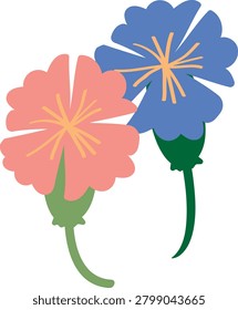 Two delicate flowers, one blue and one pink, bloom vibrantly against a white background.