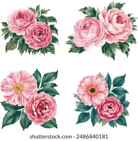 Two delicate pink and rose-hued flowers, their petals rendered with a touch of realism, nestled among lush green leaves. 