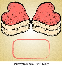 Two delicate pink souffle cakes and biscuits with heart-shaped Valentine's Day with pink frames for text.