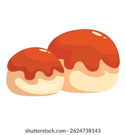 Two delicious buns with flowing orange glaze on white background