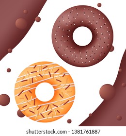 Two delicious colorful donuts with chocolate liquid. Tasty bakery product. Food design.  Vector illustration.