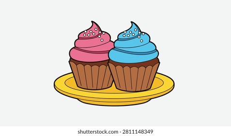 Two delicious cupcakes with pink and blue frosting and white sprinkles are served together on a bright yellow plate on gray.