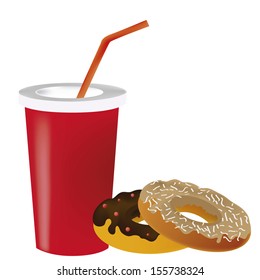 two delicious donuts with a drink in white background