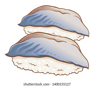 Two delicious fresh raw mackerel sushi, tuna nigiri Japanese food, hand drawn vector illustration