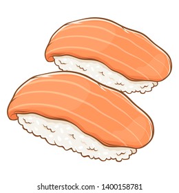 Two delicious fresh raw salmon sushi, salmon nigiri Japanese food, hand drawn vector illustration