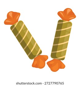 Dois deliciosos doces duros embrulhados em verde e laranja formando uma forma em v sobre um fundo branco