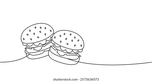 Two delicious homemade burgers one line continuous drawing. Traditional American fast food. Vector illustration.