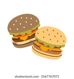 Two delicious homemade burgers. Traditional American fast food. Vector illustration.