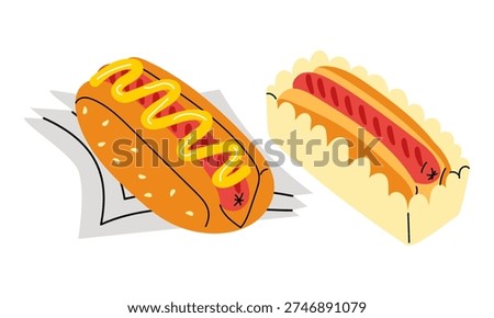 Two delicious hot dogs on napkin and in paper tray isolated on white background. Flat illustration for fast food menu design, bbq party posters, snack delivery banners or cafe icons