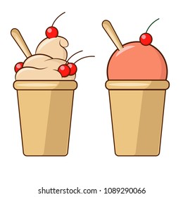 Two delicious ice cream in waffle cones: fruit and vanilla with chocolate. Vector image.