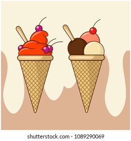 Two delicious ice cream in waffle cones: fruit and vanilla with chocolate. Vector image.
