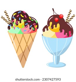 Two delicious ice creams in waffle cone and glass cup decorated with chocolate glaze and colored truffle. Food vector illustration.