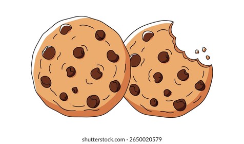 Two delicious looking chocolate chip cookies one whole and one with a bite taken out showing the texture inside baked goods dessert sweet treat