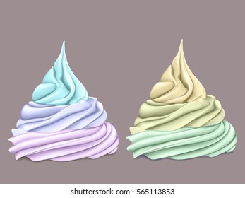 Two delicious mouth-watering multi-level twisted cream, where each level is a different color, on a dark background. 3D stylization
