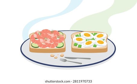 Two delicious open-faced sandwiches on a plate, one topped with fresh shrimp and cucumber, the other with boiled eggs.