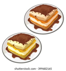 Two delicious piece of cheesecake on a plate of porcelain. Pastry isolated on a white background. Vector illustration.