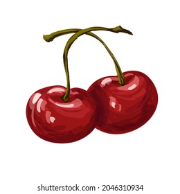 Two delicious red organic cherries isolated on white background. Summer sweet ripe berries vector illustration.
