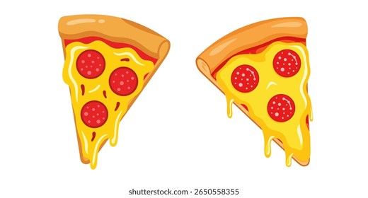 Two delicious slices of pepperoni pizza with melted cheese dripping down the sides, presented in a clean, vector illustration style on a white background.
