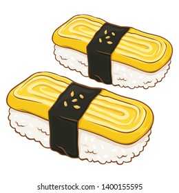 Two delicious tamago sushi wrapped in seaweed, egg sushi Japanese food, hand drawn vector illustration