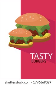 Dos deliciosas hamburguesas vectoriales con sombra oscura y fondo rojo y blanco. La comida rápida, deliciosa y sabrosa.