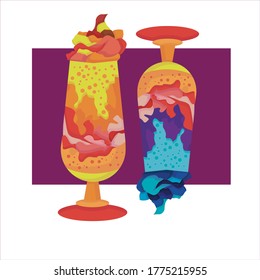 Two delicious vector cocktails with blue and yellow creams. Sweet and tasty milkshakes. Made with love.