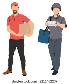 Two delivery agents with packages on hand.