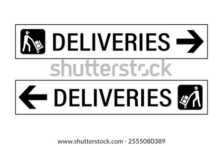 Two delivery entrance sign, one with arrow pointing left, the other ponting right, with silhouette of deliveryman  and text. Long horizontal shape.