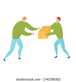 Two delivery men with box unloading shipment in uniform. Vector illustration for messenger company website or ad.