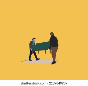 Two Delivery Men Carrying Sofa to Customer. Delivery and relocation service concept. Vector illustration in flat style