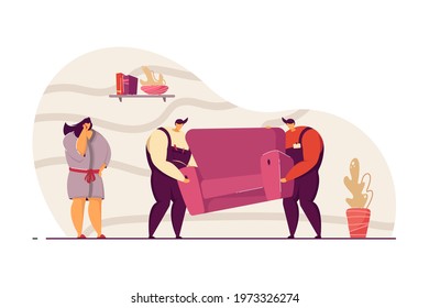 Two delivery men delivering sofa to customer flat vector illustration. Woman getting new couch, using mobile phone. Delivery service, relocation concept for banner, website design or landing web page