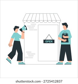 Dos repartidores parados afuera de una Pequeña tienda abierta, uno sosteniendo un megáfono y el otro sosteniendo comida, transmitiendo un sentido de servicio y comunidad.