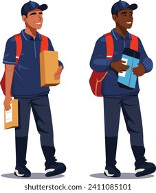 Dos repartidores uniformados sonríen y sostienen paquetes en una ilustración vectorial