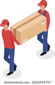 Two delivery men wearing red shirts and blue pants are carrying a large cardboard box together, suggesting teamwork and logistics in delivery service