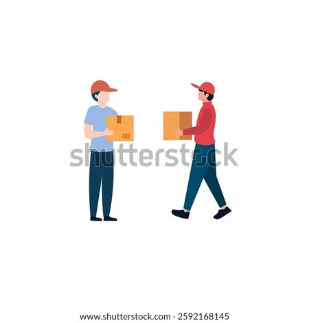 Two delivery personnel in a flat design style, one handing off a cardboard box to the other.