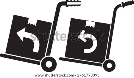 Two delivery trolleys with boxes. One shows return arrow, another left arrow icon.