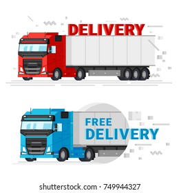 Two delivery trucks flat design vector illustration. Fast free delivery service concept banners for web graphic. Truck car isolated on white background.