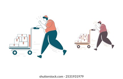 Two delivery workers are rushing to deliver packages to customers.