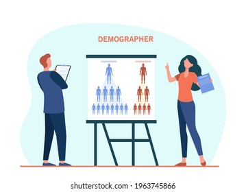 Two demographers presenting population statistics. Clipboard, analyst, comparison flat vector illustration. Analytics and demographics concept for banner, website design or landing web page