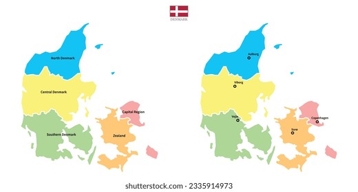 Two Denmark maps background with regions, region names and cities in color, flag. Denmark map isolated on white background. Vector illustration map europe