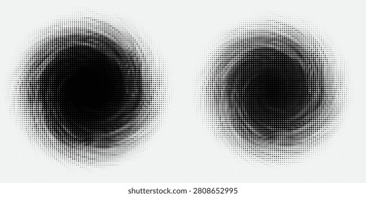 Two dense black halftone masses dissolve into smaller dots toward their outer edges, producing soft circular fades on a spacious white field. This high contrast texture suits editorial graphics, poster art, branding, packaging, and contemporary layouts.