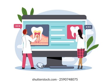 Two dentists examining tooth anatomy on a computer screen. Flat style on a white background. Concept of digital dentistry. Vector illustration