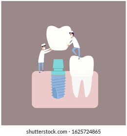 Two dentists perform dental implantation: install the implant on the abutment. Vector illustration, in a flat style. Poster to the clinic, image for instructions for dentists, training books