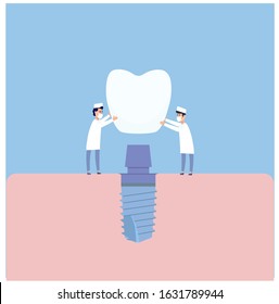 Two dentists perform dental implantation: install the implant on the abutment. Vector illustration, in a flat style. Poster to the clinic, image for instructions for dentists, training books