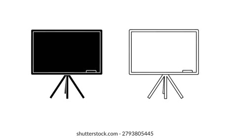 Two depictions of a blackboard with an easel stand, rendered as a linear silhouette and its outline counterpart.