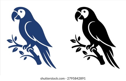 Two depictions of a macaw parrot perched on a branch, rendered as a distinct silhouette against a white background.